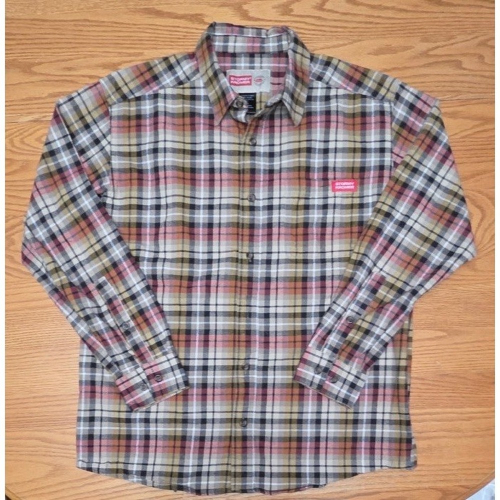 Stormy Kromer Mens L Plaid Button Down Shirt Olive Green Blue Cotton Flannel